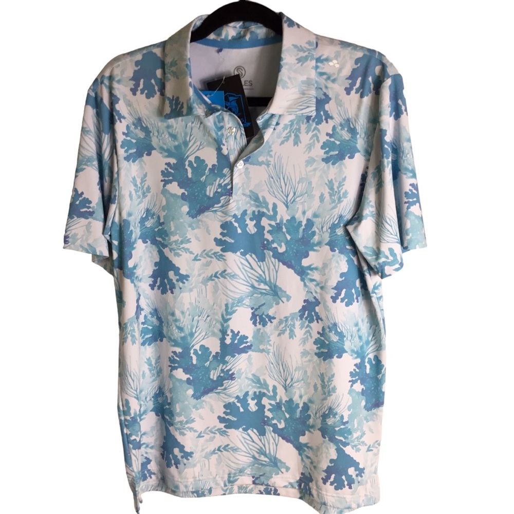 Scales Men's Golf Polo Coral Tropics White Blue Small Performance Stretch NEW